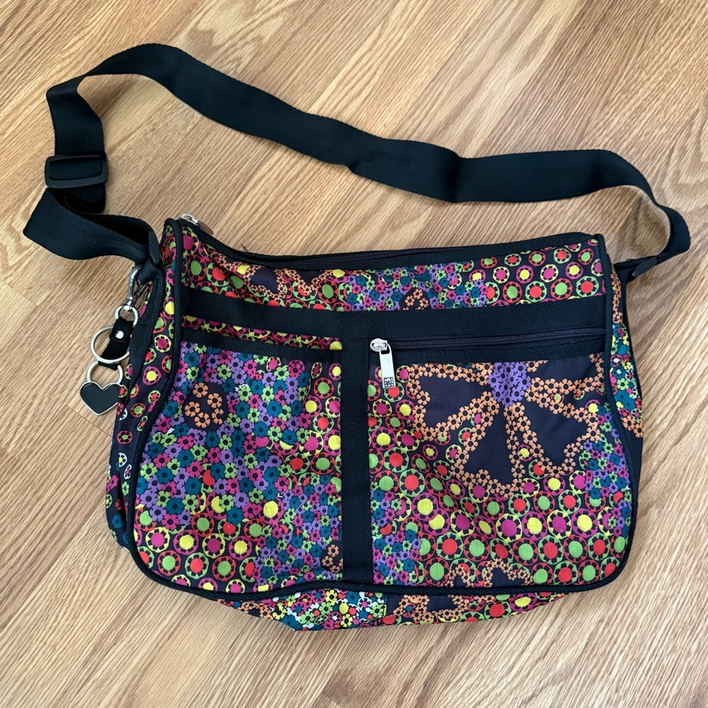 Gali black Nylon Floral Shoulder‎ Bag Adjustable Strap Utility Pockets Bag Charm